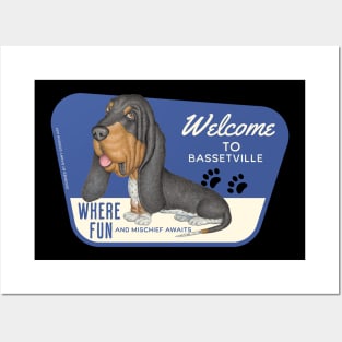 Funny Basset Hound posing on Bassetville, USA sign Posters and Art